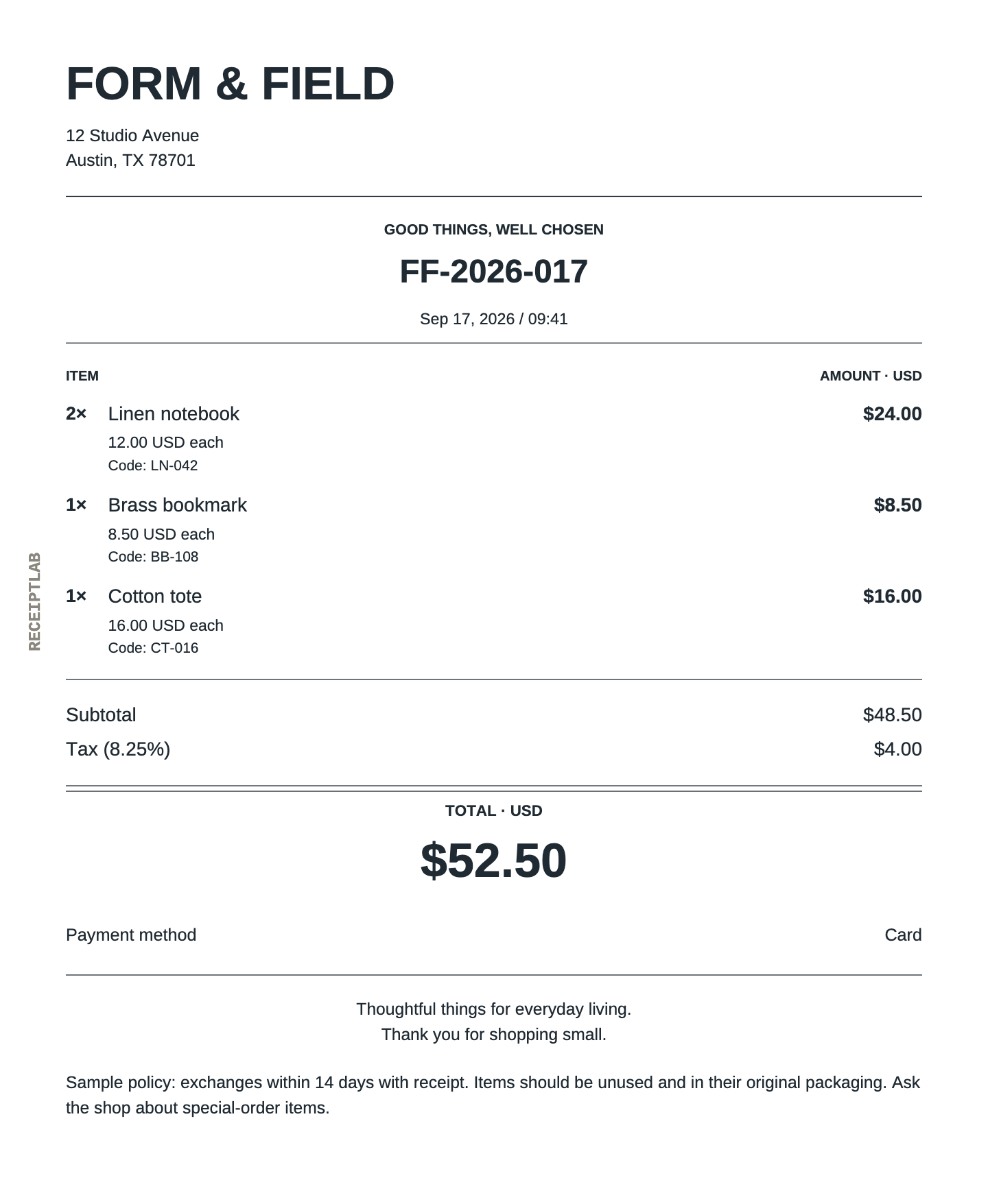 The same Form & Field sample in an A4 document layout, with unchanged items, note and $52.50 total.