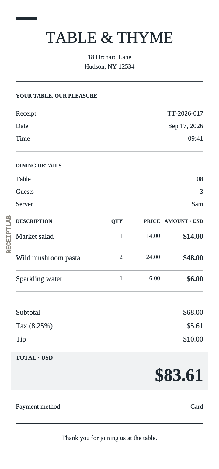 Restaurant receipt template example with itemized purchases and calculated totals