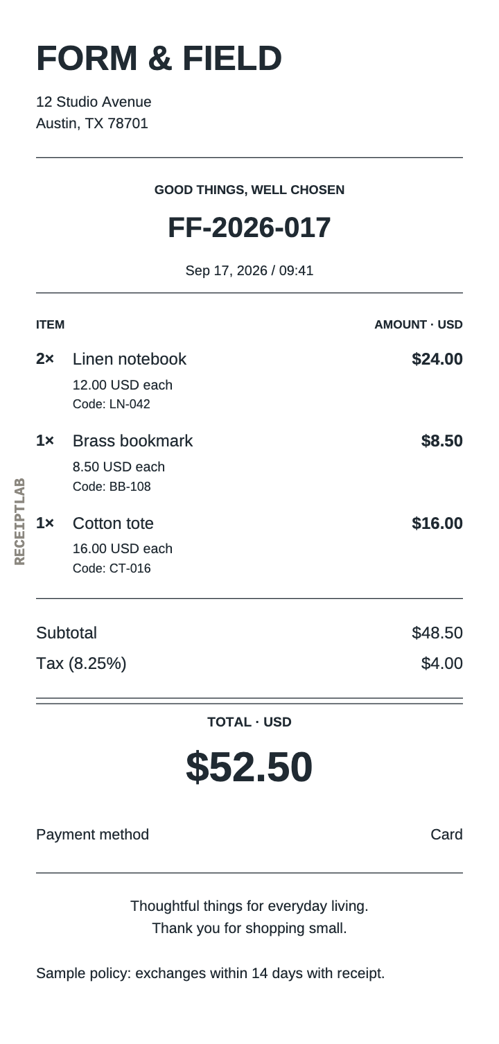 Retail store receipt template example with itemized purchases and calculated totals