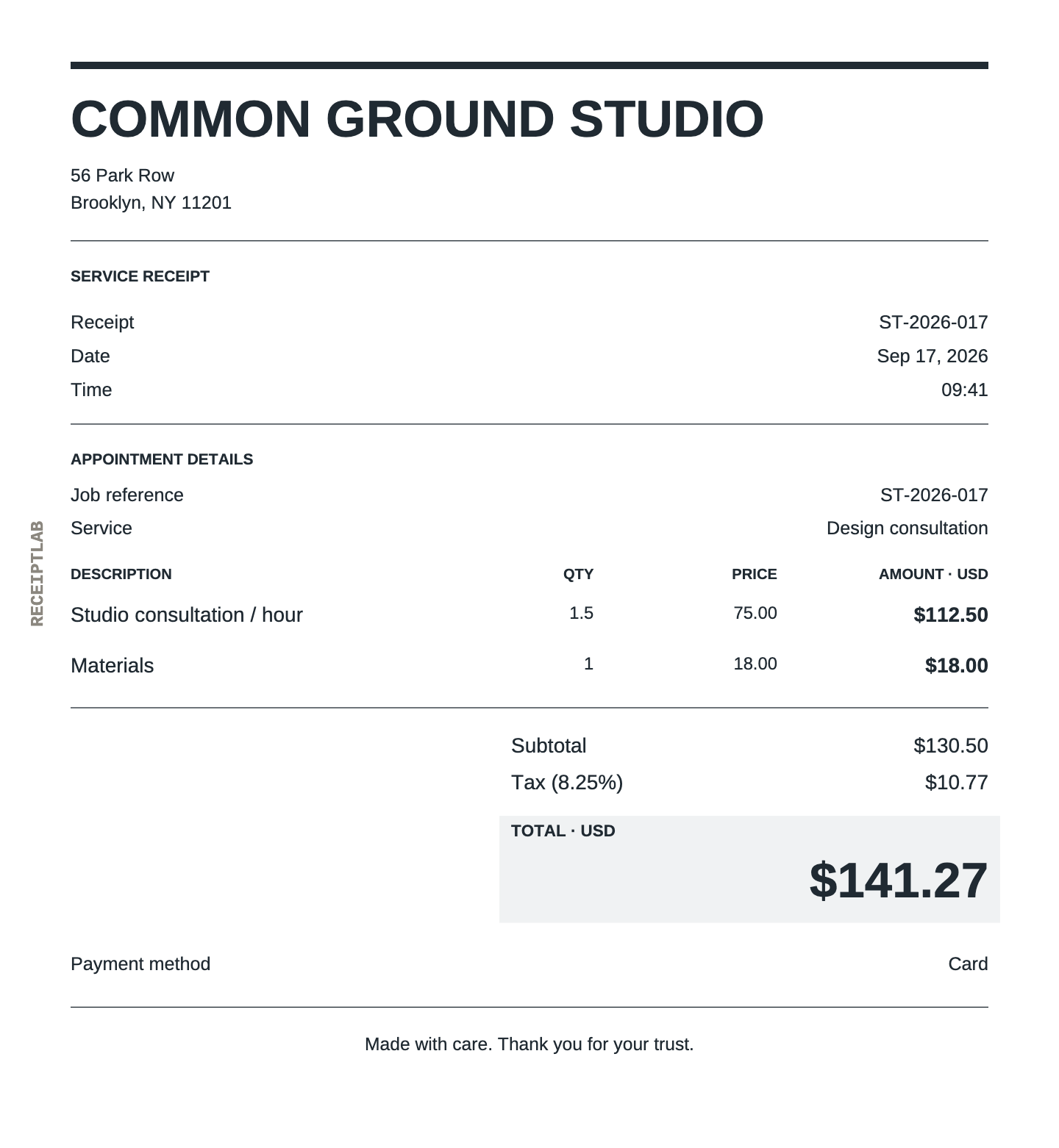 Service receipt template example with itemized purchases and calculated totals