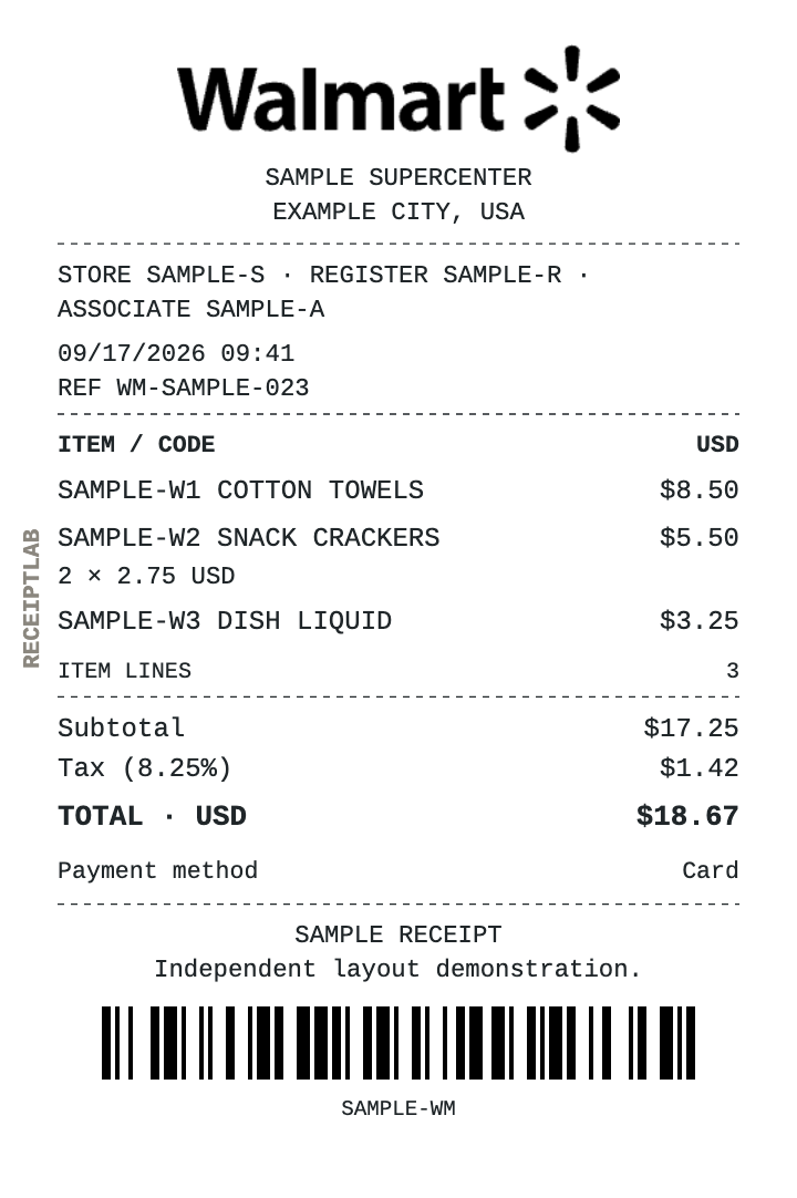 Walmart-style shopping receipt example